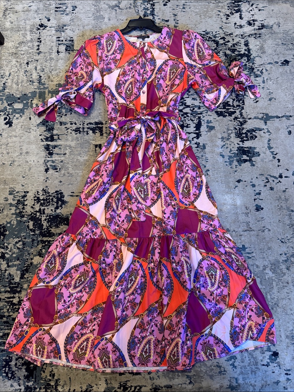 Boho Midi Tie-Waist Dress in Pink & Purple